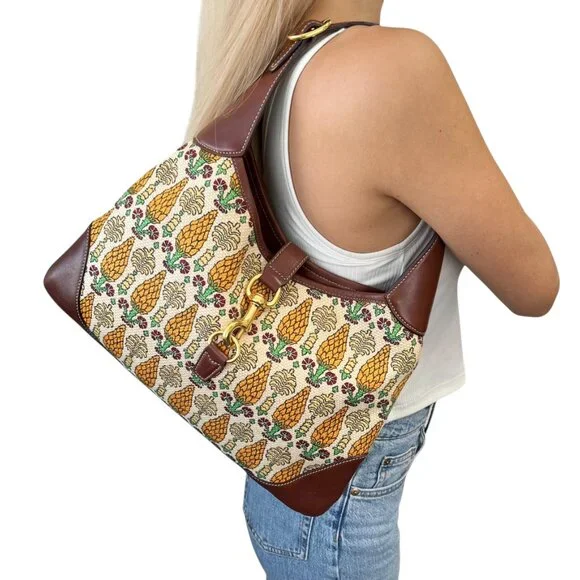 GUCCI Vintage Jackie Pigna Pineapple Jacquard Shoulder Bag Brown Yellow [106290] - Picture 2 of 13